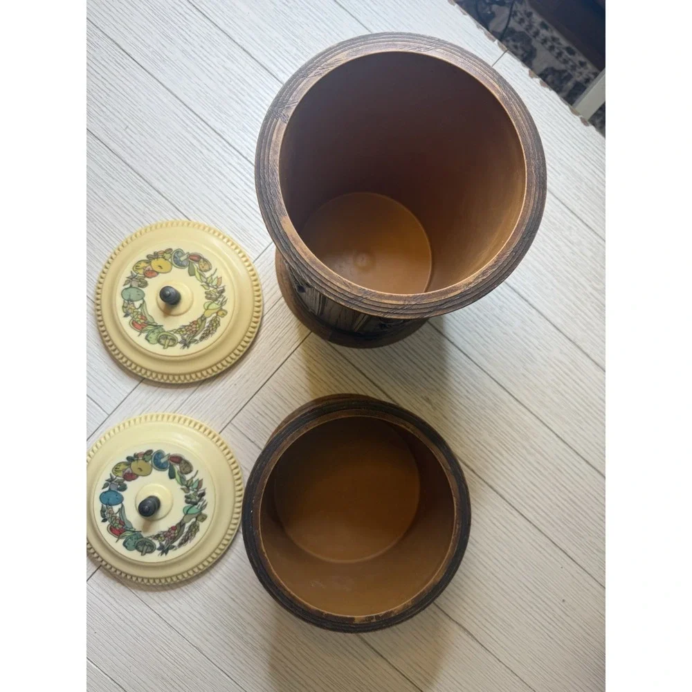 Set Of 2 VIntage Vistron Faux Wood Molded Plastic Canisters with Lids. Mushrooms